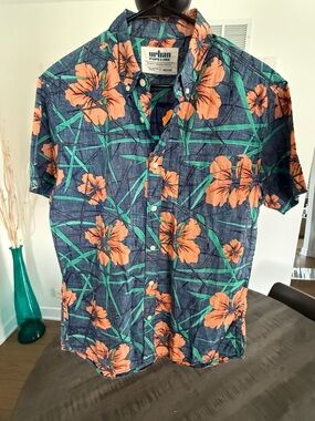 urban pipeline Navy Floral Button-Down Camp Shirt with Orange Blooms